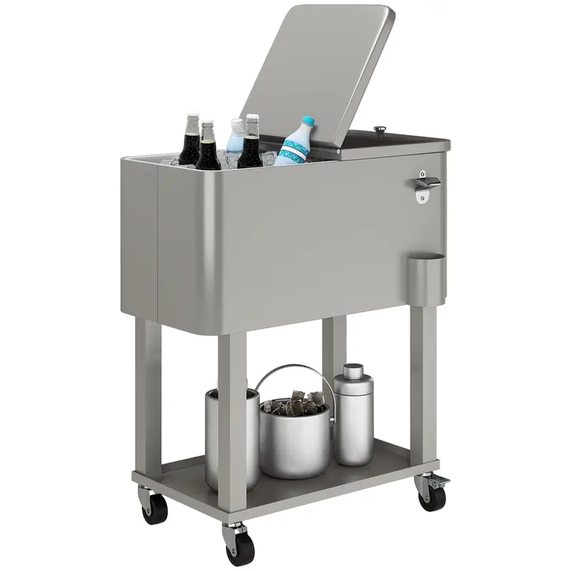 60 Quart Rolling Patio Cooler Cart With Shelf And Bottle Opener, Silver 1