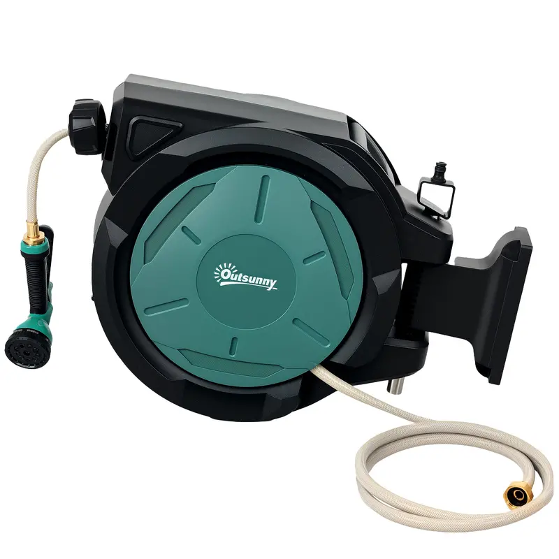 65Ft Retractable Garden Hose Reel With 7 Function Sprayer Nozzle & Any Length Lock, Blue 2