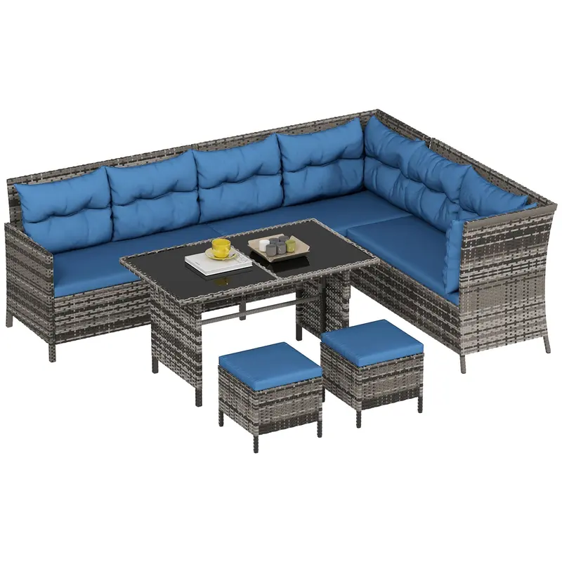 6Pcs Outdoor Rattan Sofa Set, Wicker Sectional Couch Furniture Set W/ Dining Table, Blue 1