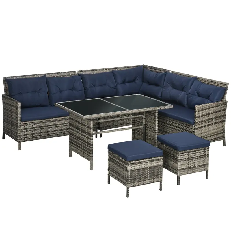 6Pcs Outdoor Rattan Sofa Set, Wicker Sectional Couch Furniture Set W/ Dining Table, Dark Blue 1