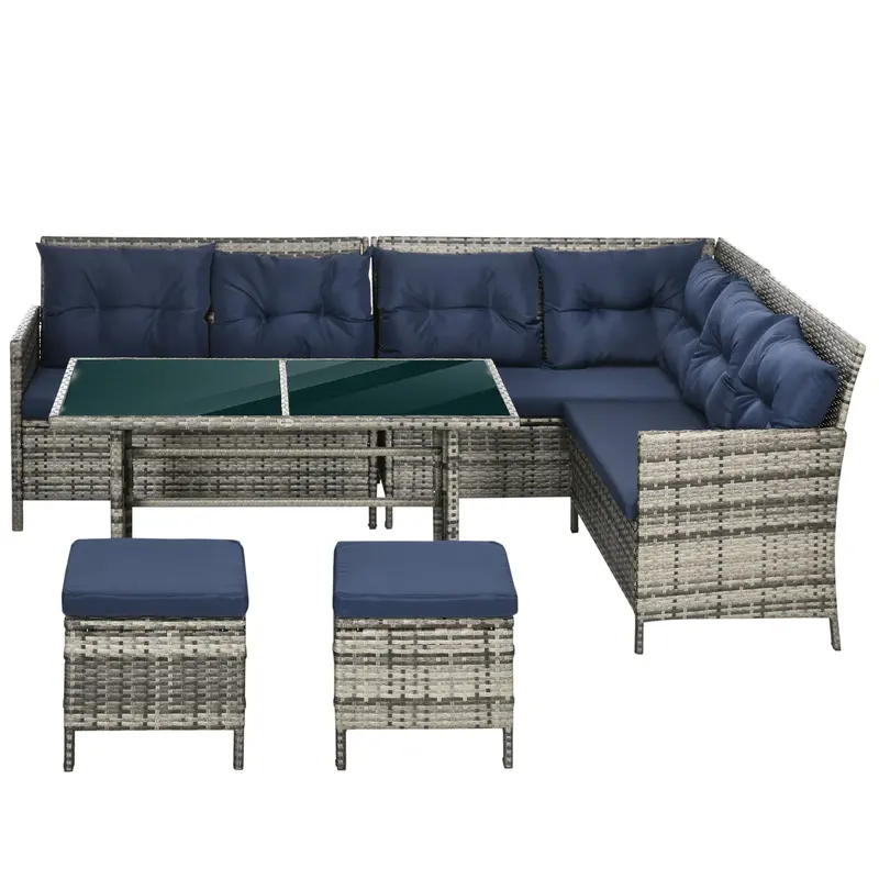 6Pcs Outdoor Rattan Sofa Set, Wicker Sectional Couch Furniture Set W/ Dining Table, Dark Blue 2