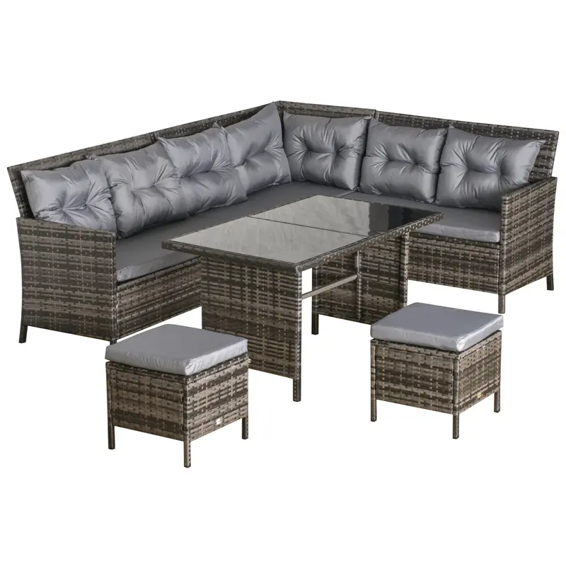 6Pcs Outdoor Rattan Sofa Set, Wicker Sectional Couch Furniture Set W/ Dining Table, Dark Grey 1