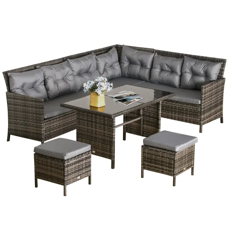 6Pcs Outdoor Rattan Sofa Set, Wicker Sectional Couch Furniture Set W/ Dining Table, Dark Grey 2