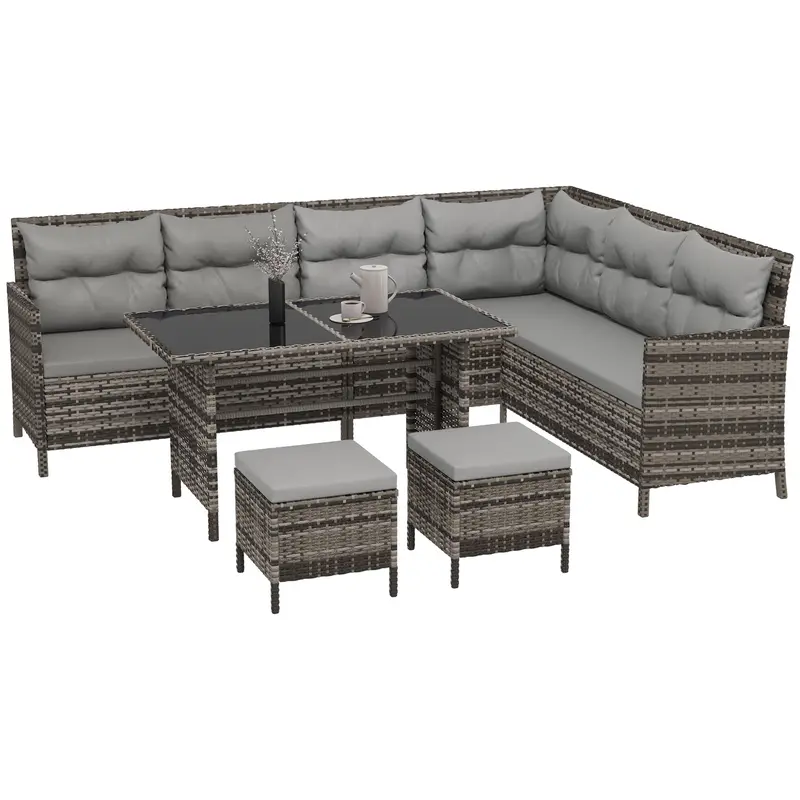 6Pcs Outdoor Rattan Sofa Set, Wicker Sectional Couch Furniture Set W/ Dining Table, Grey 1