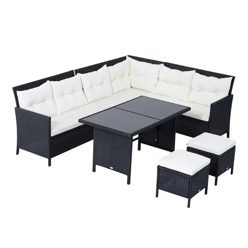 6Pcs Outdoor Rattan Sofa Set, Wicker Sectional Couch Furniture Set W/ Dining Table, White 1