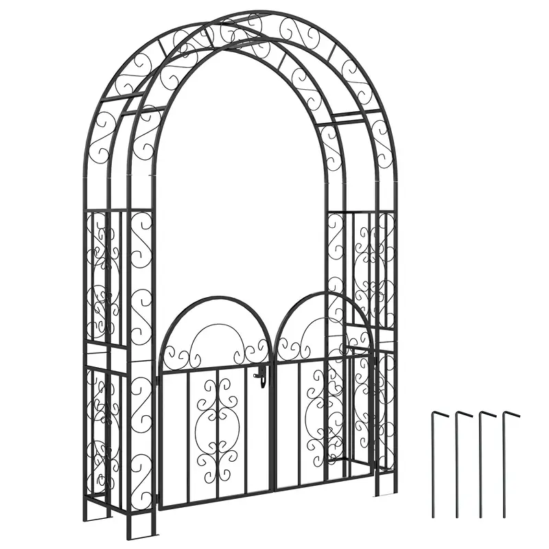 7.4Ft Steel Garden Arch With Gate, Garden Arbor Trellis For Climbing Plants, Black 1