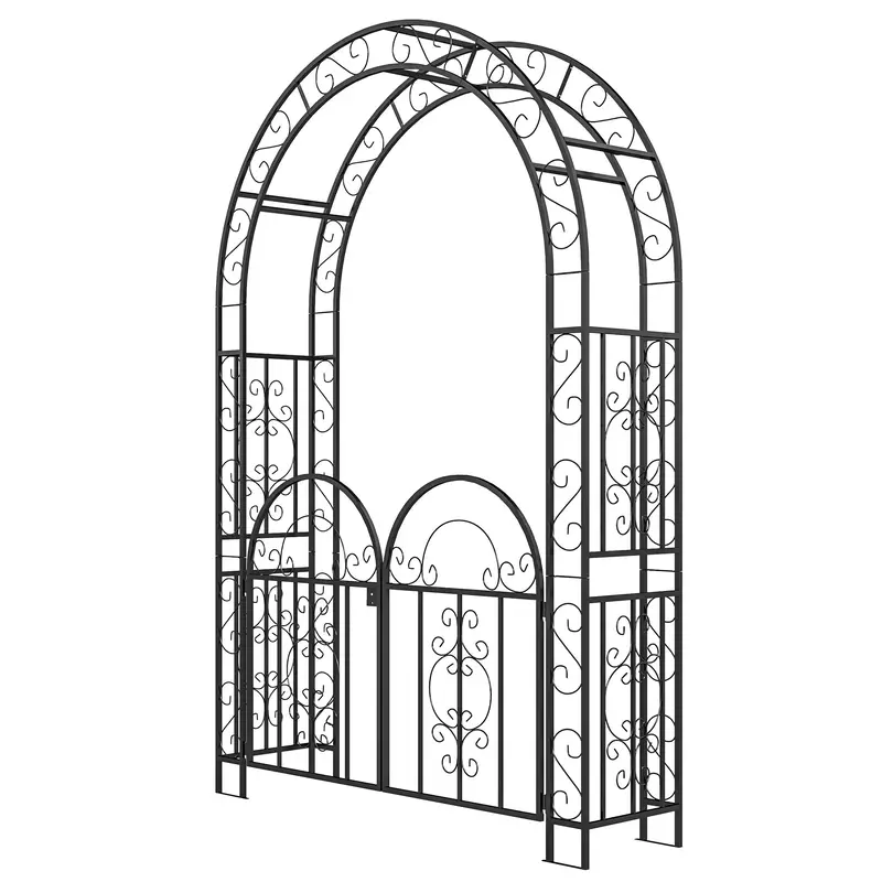 7.4Ft Steel Garden Arch With Gate, Garden Arbor Trellis For Climbing Plants, Black 2