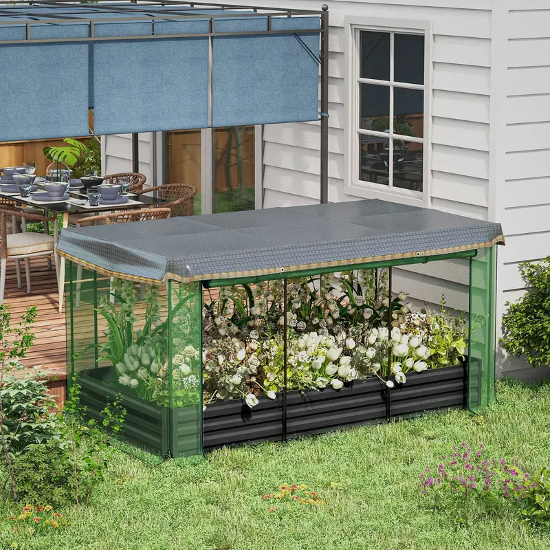 7.5' X 3.6' Galvanized Raised Garden Bed With Cover, Crop Cage, Shade Cloth, Grey 2