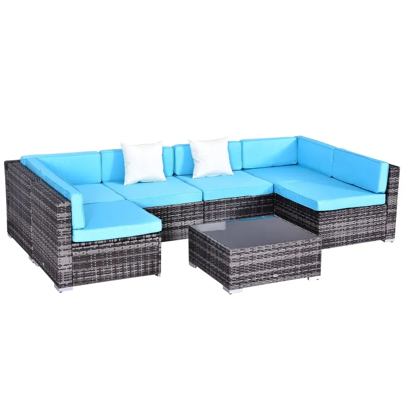 7-Piece Outdoor Wicker Conversation Sets, All Weather Pe Rattan Sectional Sofa, Sky Blue 1
