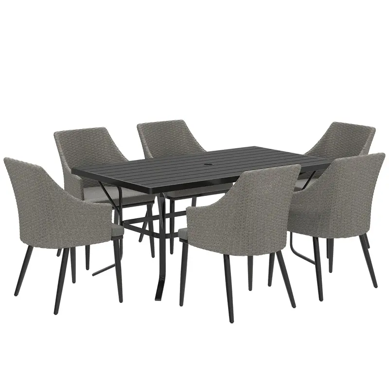 7 Piece Wicker Patio Furniture Set With Umbrella Hole & Slatted Table Top, Balcony 1
