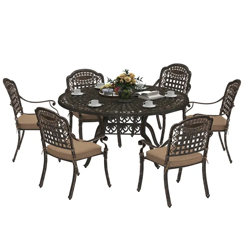 7 Pieces Outdoor Dining Set For 6, Aluminum Patio Furniture Set W/ Umbrella Hole, Bronze 1
