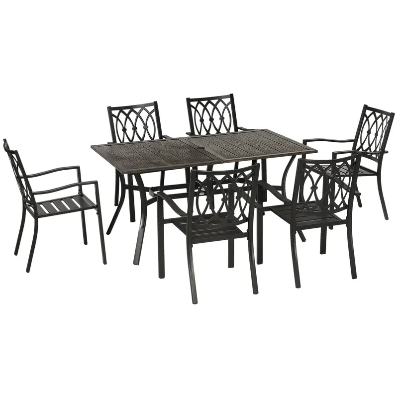 7 Pieces Outdoor Dining Set For 6, Wood Grain Steel Table With Stackable Chairs, Brown 1