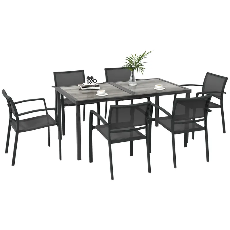 7 Pieces Outdoor Dining Set W/ 6 Stackable Chairs, Patio Table & Chairs W/ Mesh Seat, Black 1