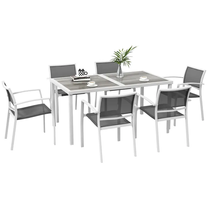 7 Pieces Outdoor Dining Set W/ 6 Stackable Chairs, Patio Table & Chairs W/ Mesh Seat, White 1