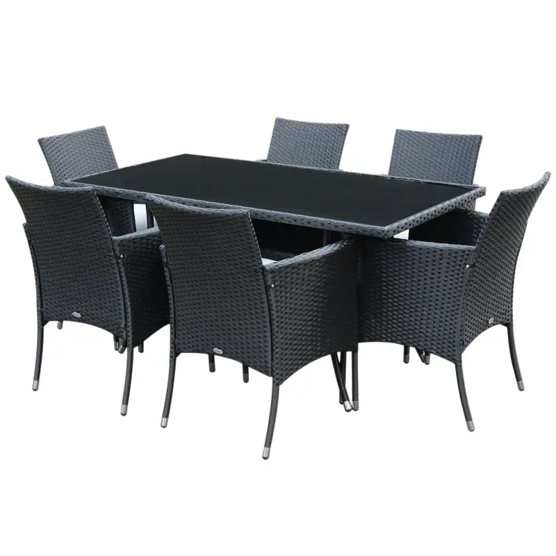 7 Pieces Patio Wicker Dining Set With Removable Cushions & Tempered Glass Tabletop, Black 1