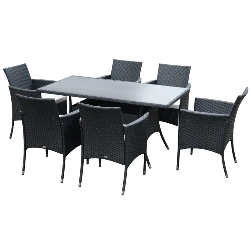 7 Pieces Patio Wicker Dining Set With Removable Cushions & Tempered Glass Tabletop, Black 2