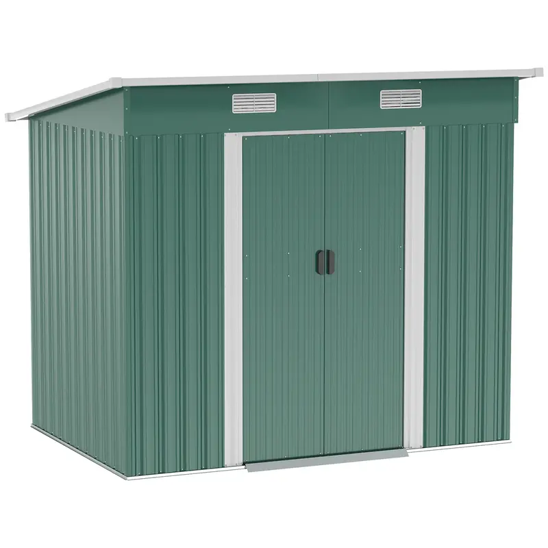 7' X 4' Metal Storage Shed With Lockable Double Doors & Foundation Kit, Green 1