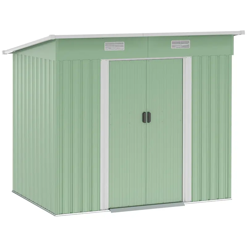 7' X 4' Metal Storage Shed With Lockable Double Doors & Foundation Kit, Light Green 1
