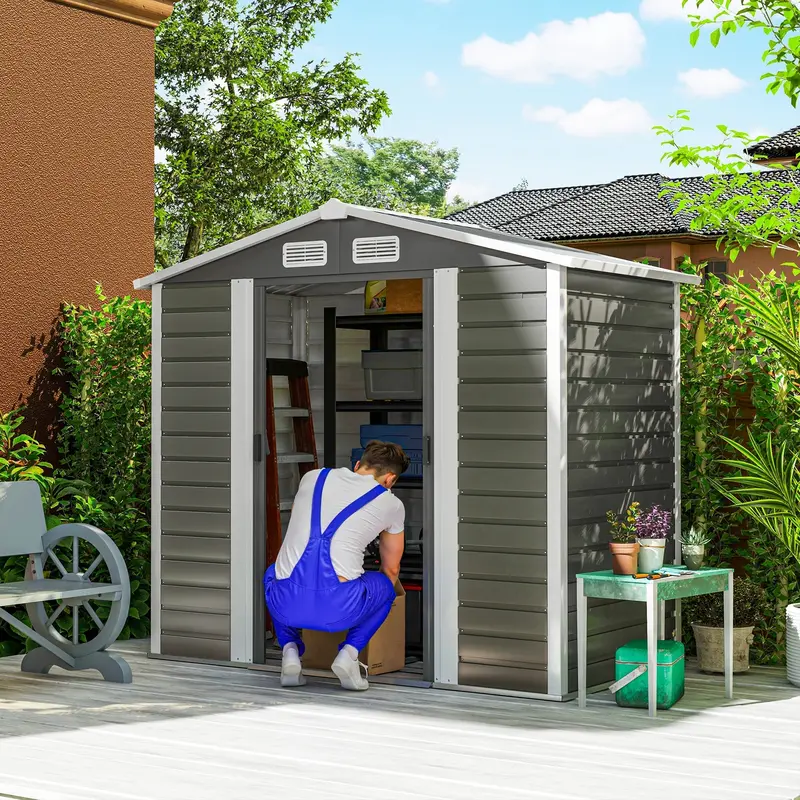 7' X 4' Upgraded Outdoor Storage Shed With Foundation Kit & Double Doors With Lock, Easy To Assemble, Dark Grey 2