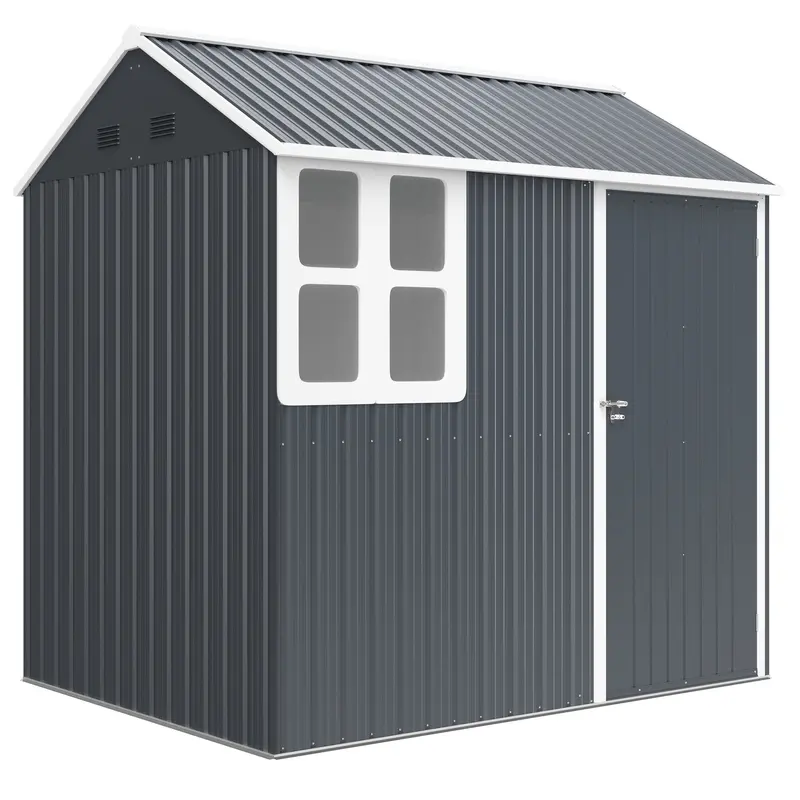 7' X 5.5' Metal Garden Storage Shed With Lockable Door & Window, Dark Grey 1