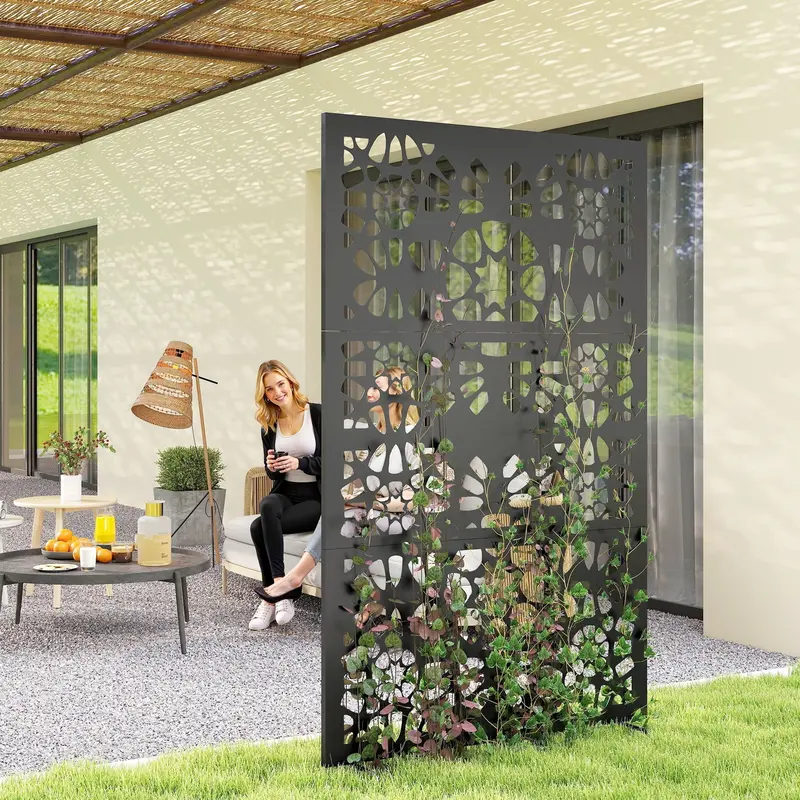 72" X 38" Metal Outdoor Privacy Screen, Symmetrical Pattern, Black 2