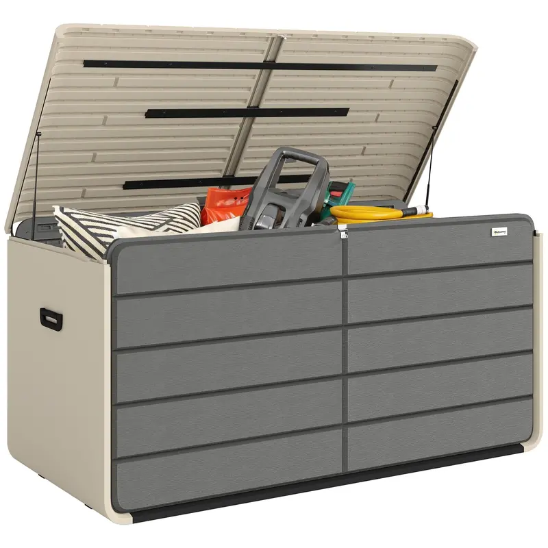757 L Garden Storage Box With Wheels And Lockable Lid, Beige/Grey 2
