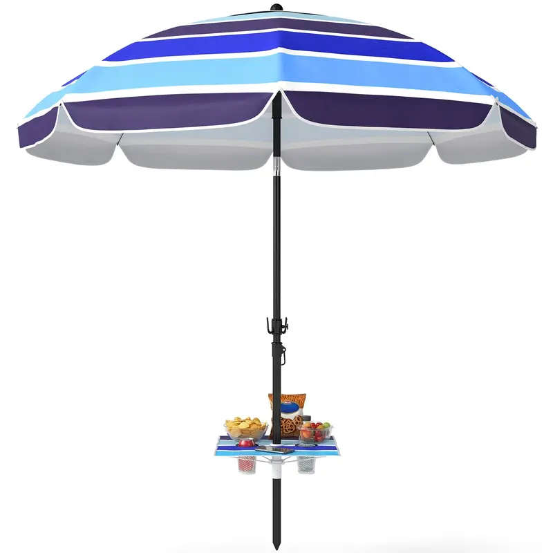 78" Beach Umbrella With Foldable Table, Cup Holder And Carry Bag, Multicolor 2
