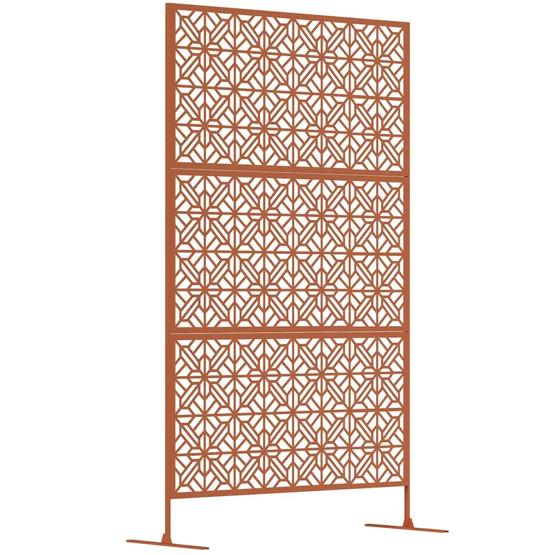 78" X 48" Metal Freestanding Outdoor Divider With Striped Hollow Design For Garden, Brown 1