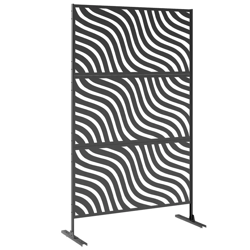 78" X 48" Metal Outdoor Privacy Screen, Ripple Design, Black 1