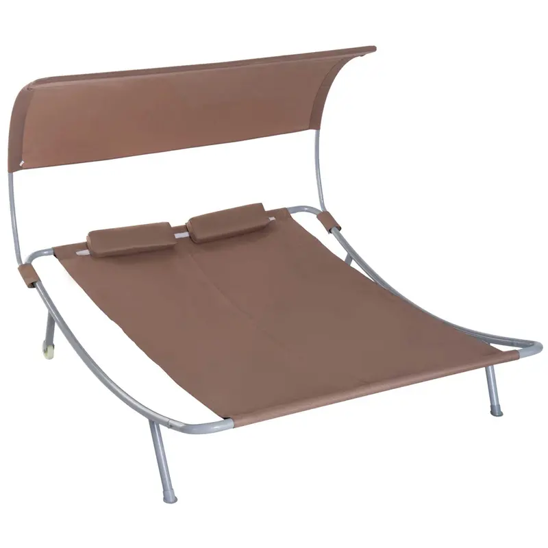 79" Outdoor Double Chaise Lounge Chair With Canopy, Pillow & Wheels For Garden, Brown 1