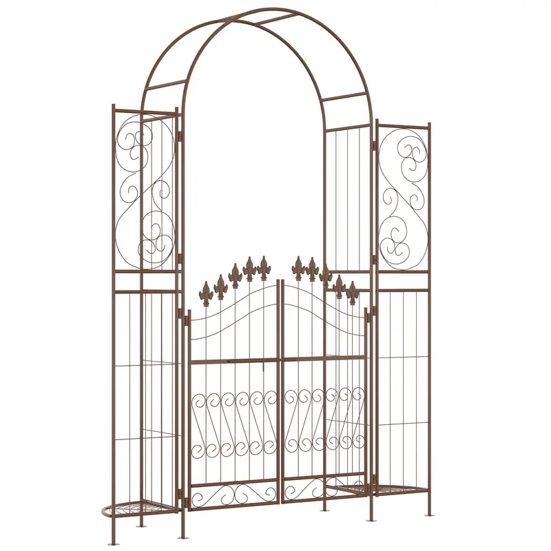 7Ft Metal Garden Arch With Gate For Climbing Plants, Ceremony D¨|Cor Fot Garden, Brown 1