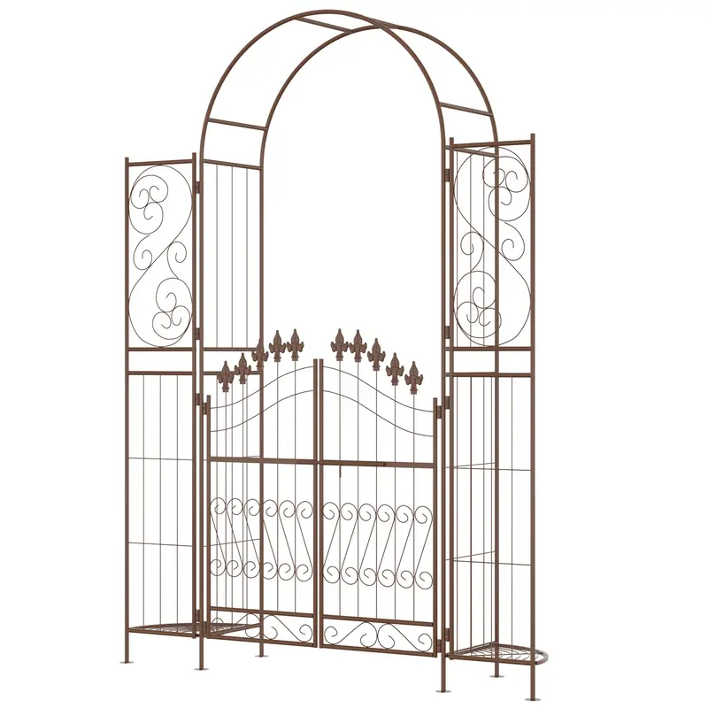 7Ft Metal Garden Arch With Gate For Climbing Plants, Ceremony D¨|Cor Fot Garden, Brown 2