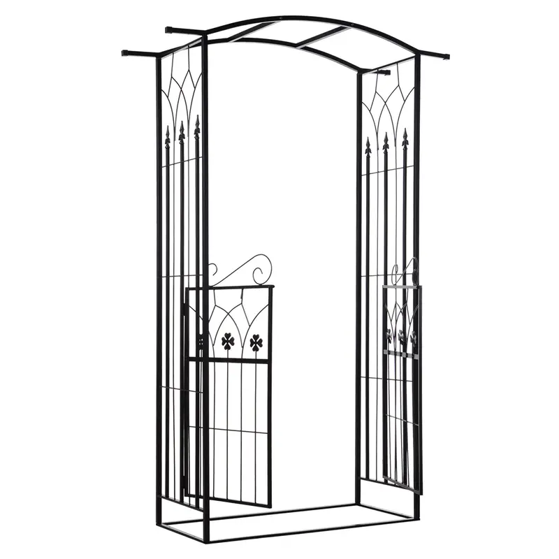 7Ft Metal Outdoor Trellis, Arbor Backdrop Stand With Lucky Leaf Clover Doors, Black 1