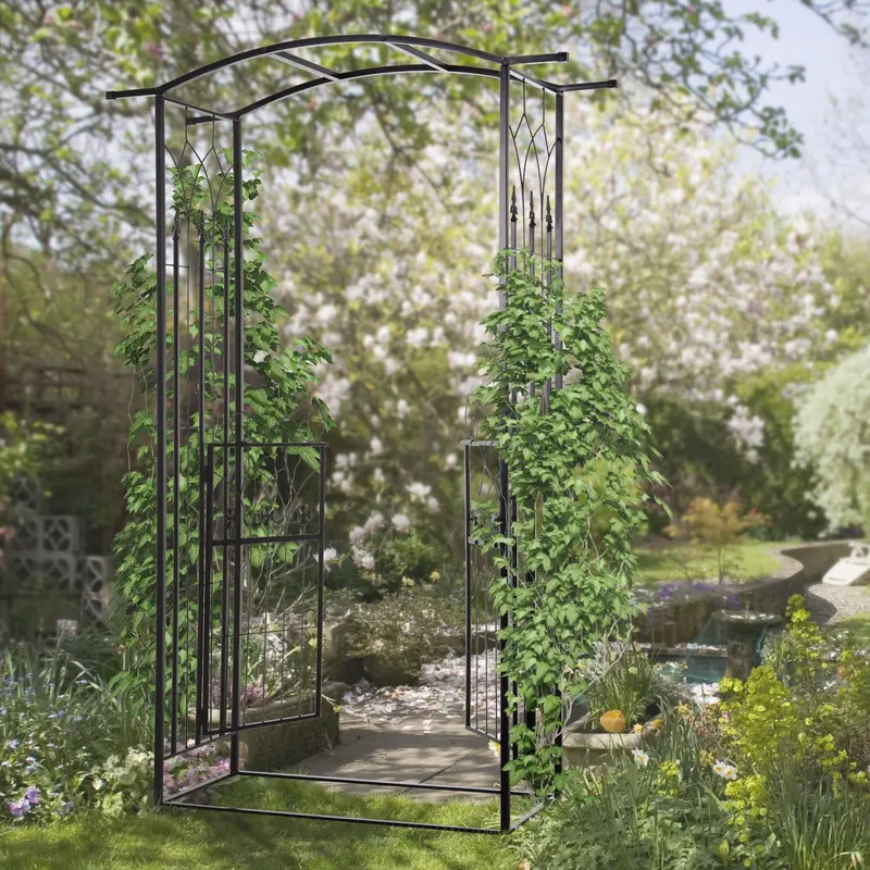 7Ft Metal Outdoor Trellis, Arbor Backdrop Stand With Lucky Leaf Clover Doors, Black 2