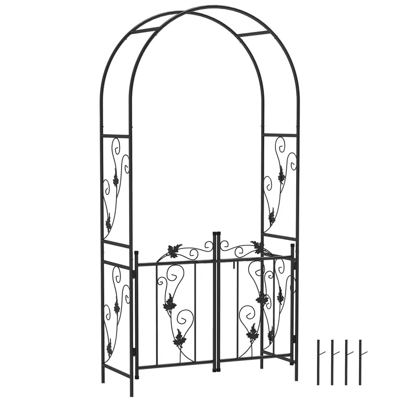 7Ft Steel Garden Arch With Gate, Garden Arbor Trellis For Climbing Plants, Roses, Vines, Wedding Arch For Outdoor, Garden, Lawn, Backyard, Black 1