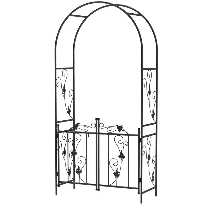7Ft Steel Garden Arch With Gate, Garden Arbor Trellis For Climbing Plants, Roses, Vines, Wedding Arch For Outdoor, Garden, Lawn, Backyard, Black 2