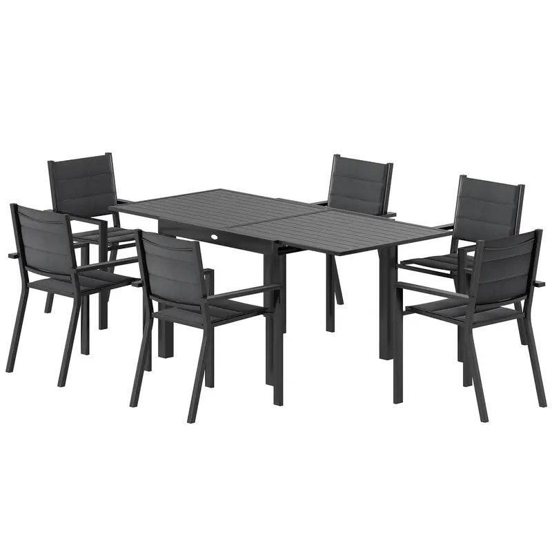 7Pc Patio Dining Set With Expandable Table And Stackable Chairs, Black 1