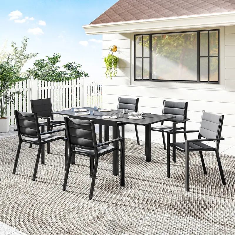 7Pc Patio Dining Set With Expandable Table And Stackable Chairs, Black 2
