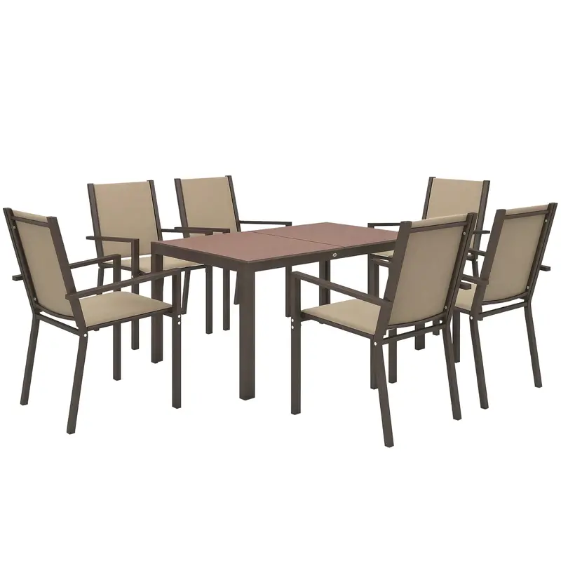 7Pc Patio Dining Set With Wpc Table And 6 Stackable Chairs, Khaki 1
