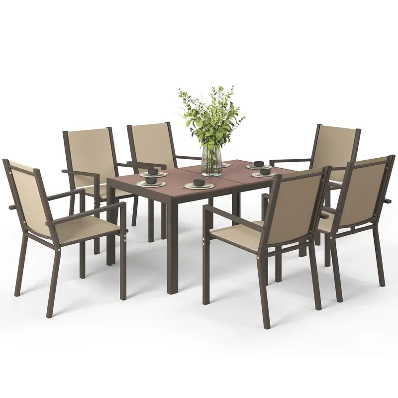 7Pc Patio Dining Set With Wpc Table And 6 Stackable Chairs, Khaki 2