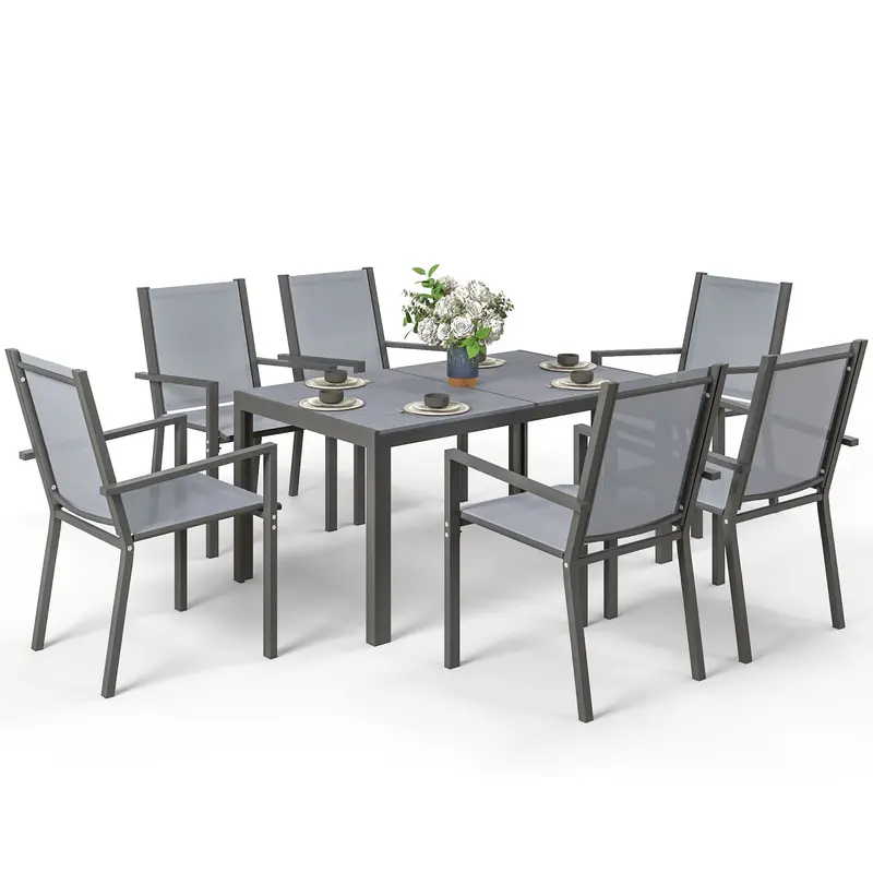 7Pc Patio Dining Set With Wpc Table And 6 Stackable Chairs, Light Grey 2