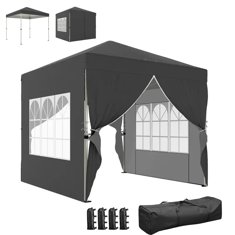 8.2 X 8.2 Ft Pop Up Canopy Tent With 4 Sidewalls And Sandbags, Dark Grey 1