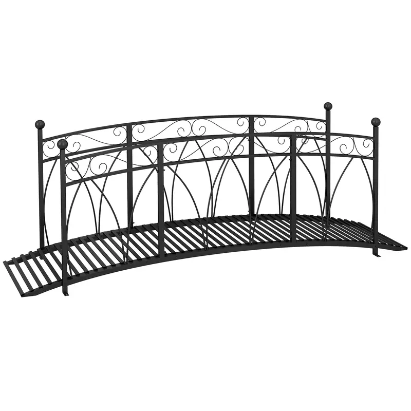 8' Metal Arch Garden Bridge With Safety Railings, Decorative Arc Footbridge With Delicate Scrollwork, Pond Bridge For Backyard Creek Stream, Black 1