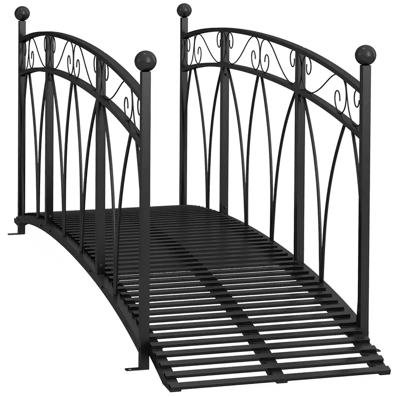 8' Metal Arch Garden Bridge With Safety Railings, Decorative Arc Footbridge With Delicate Scrollwork, Pond Bridge For Backyard Creek Stream, Black 2