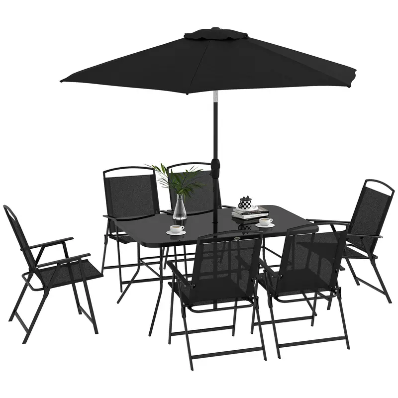 8 Piece Patio Set With Umbrella, Outdoor Dining Table & 6 Folding Chairs W/ Mesh Seat, Black 1