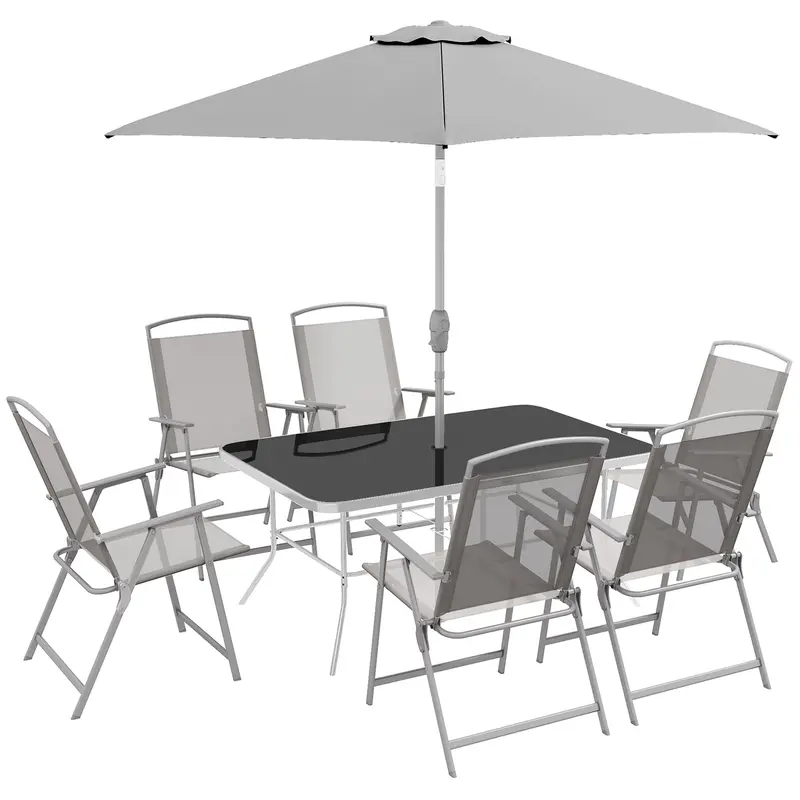 8 Piece Patio Set With Umbrella, Outdoor Dining Table & 6 Folding Chairs W/ Mesh Seat, Grey 1