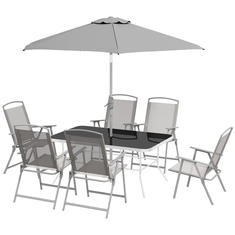 8 Piece Patio Set With Umbrella, Outdoor Dining Table & 6 Folding Chairs W/ Mesh Seat, Grey 2