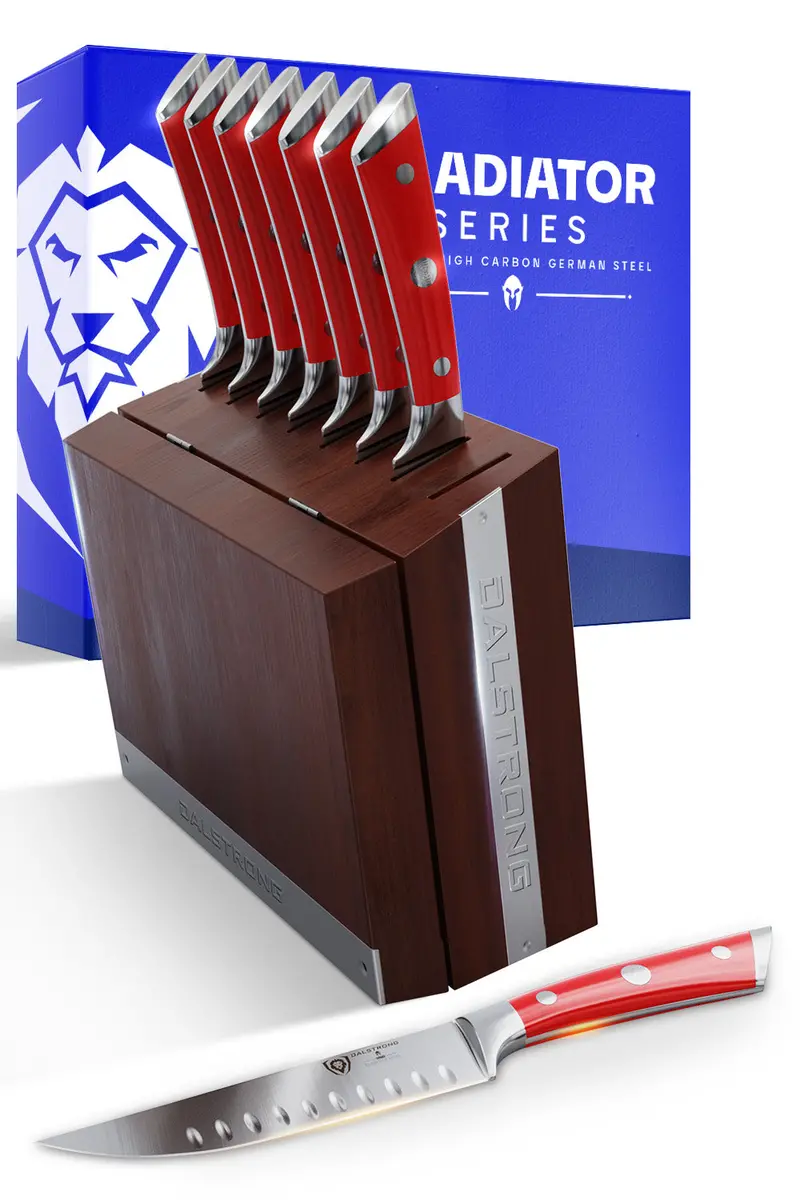 8-Piece Steak Knife Set | Red Abs Handles With Storage Block | Gladiator Series | Knives Nsf Certified | Dalstrong © 1