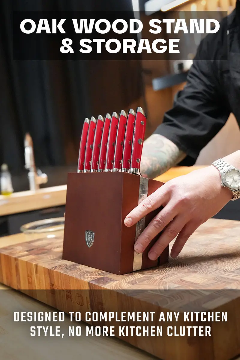 8-Piece Steak Knife Set | Red Abs Handles With Storage Block | Gladiator Series | Knives Nsf Certified | Dalstrong © 2
