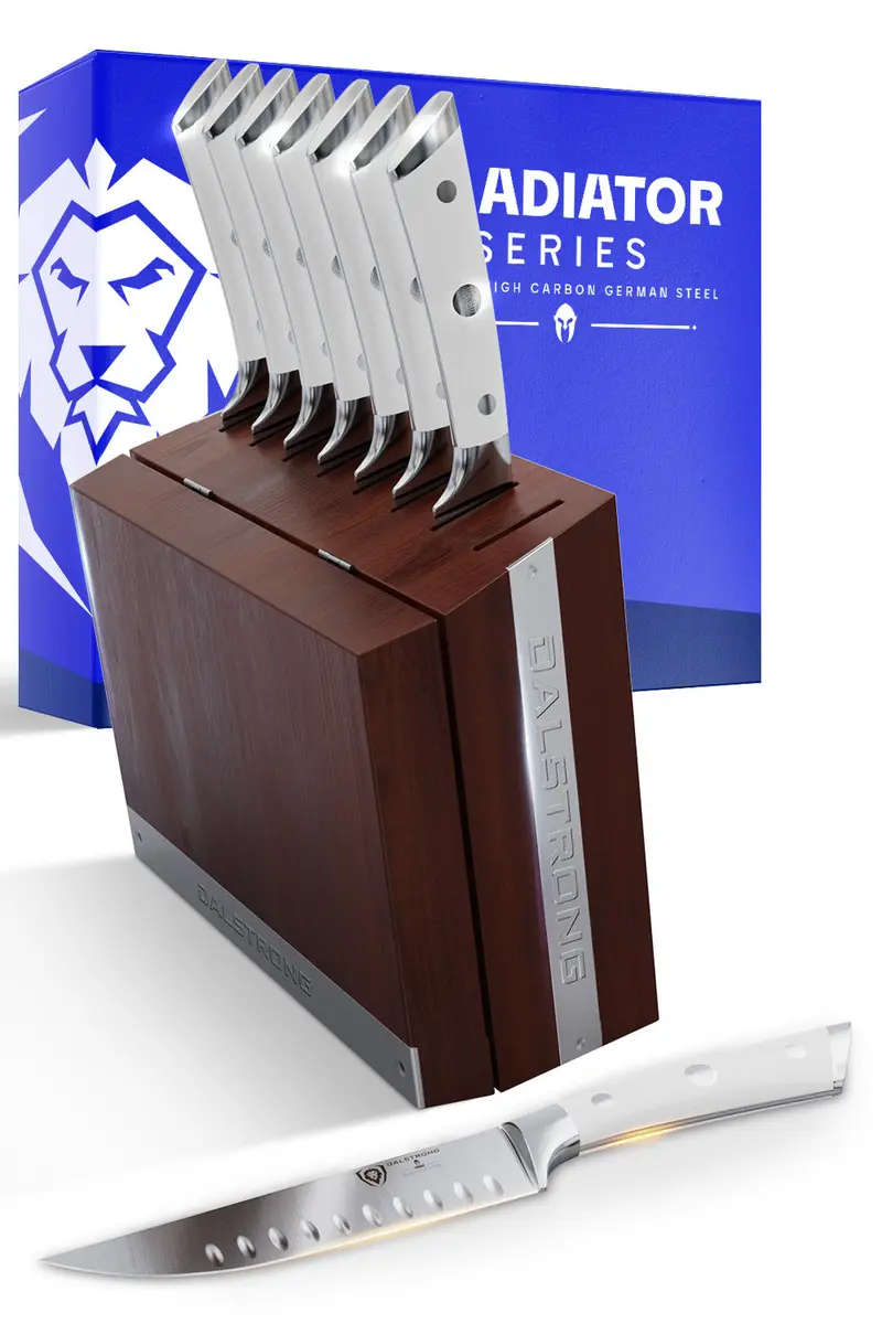 8-Piece Steak Knife Set | White Abs Handles With Storage Block | Gladiator Series | Knives Nsf Certified | Dalstrong © 1